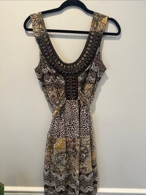 Cato Sleeveless Mixed-Print Maxi Dress in Beige, Brown and Yellow